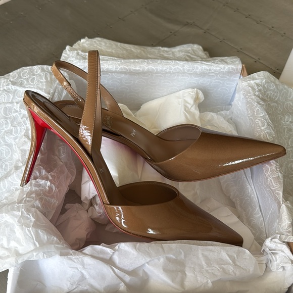 Christian Louboutin apostropha sling 80mm stiletto lionne dark beige sz 39 - Picture 10 of 12